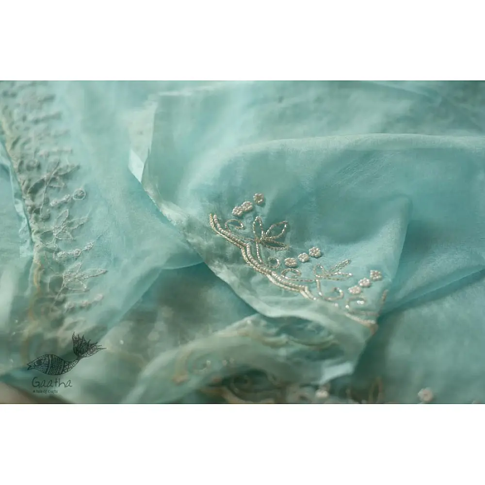 shop Handloom Organza Saree - Hand Embroidered Glass Beads