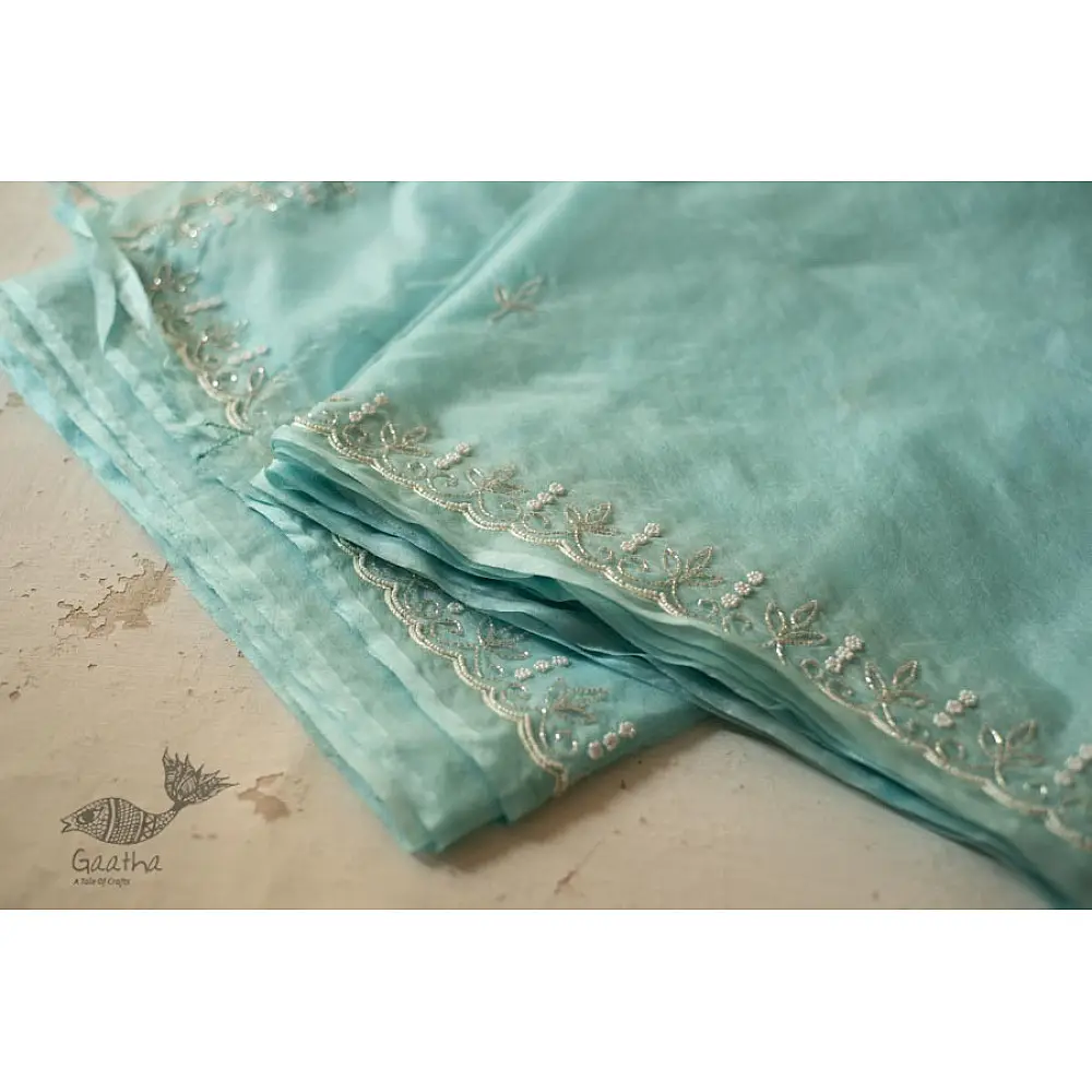 shop Handloom Organza Saree - Hand Embroidered Glass Beads