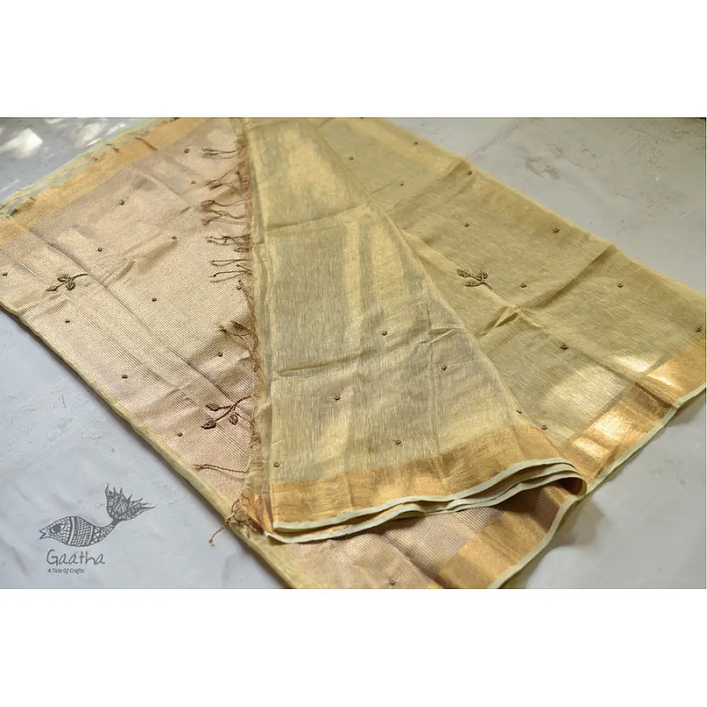 Handloom hand embroidered Linen Saree - pistachio green color