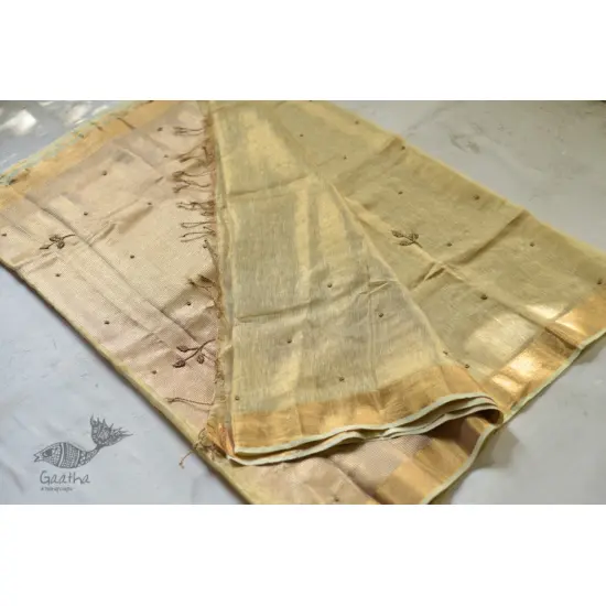 Handloom hand embroidered Linen Saree - pistachio green color