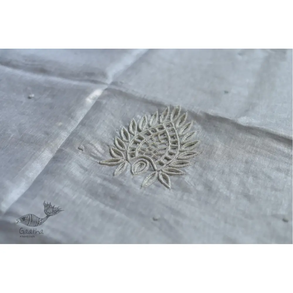  Hand Embroidered White Silver Linen Handloom Saree 