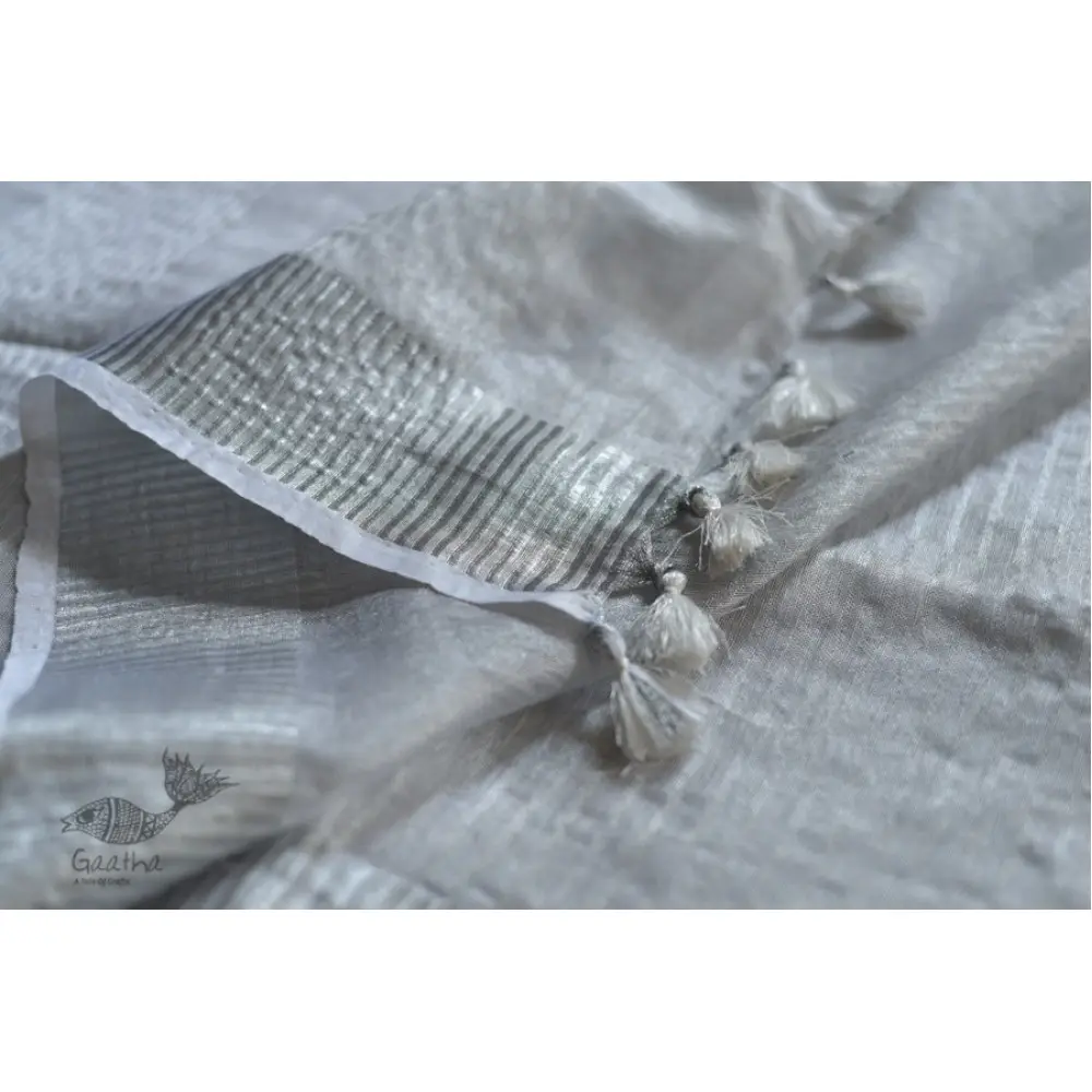  Hand Embroidered White Silver Linen Handloom Saree 