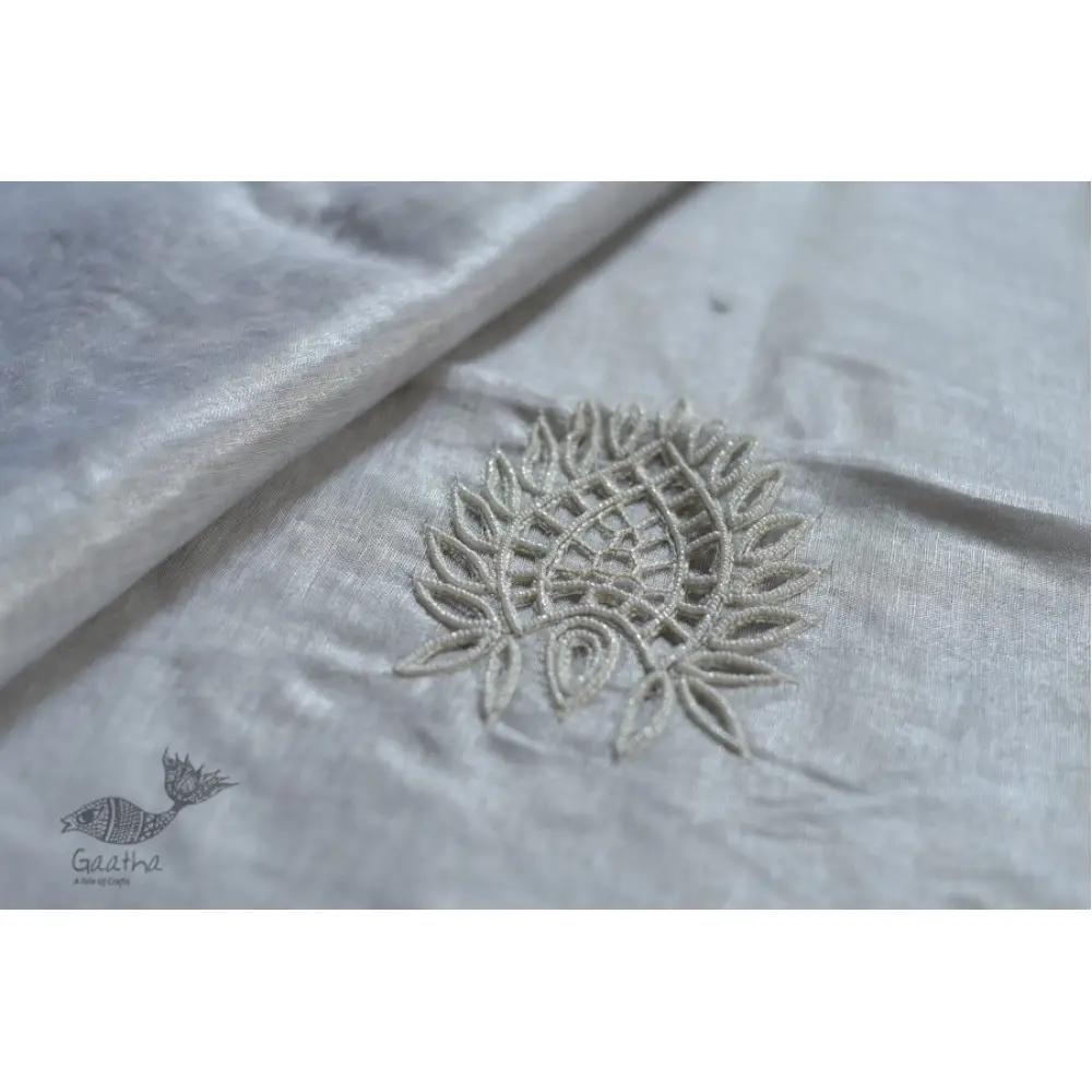  Hand Embroidered White Silver Linen Handloom Saree 