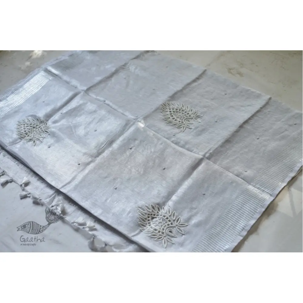  Hand Embroidered White Silver Linen Handloom Saree 