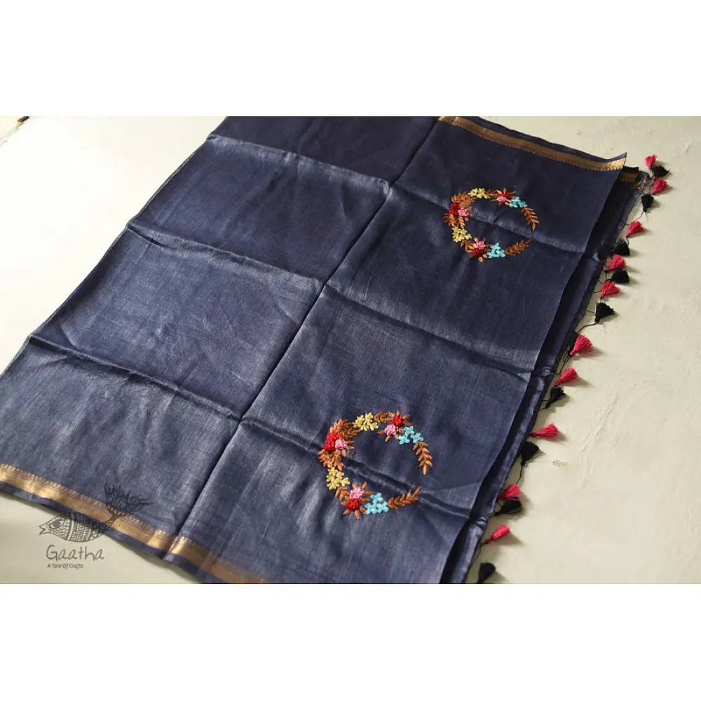 shop Handloom Silk Linen Blue Saree Embroidered