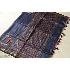 Kopal ✯ Handloom Silk Linen Blue Saree Embroidered