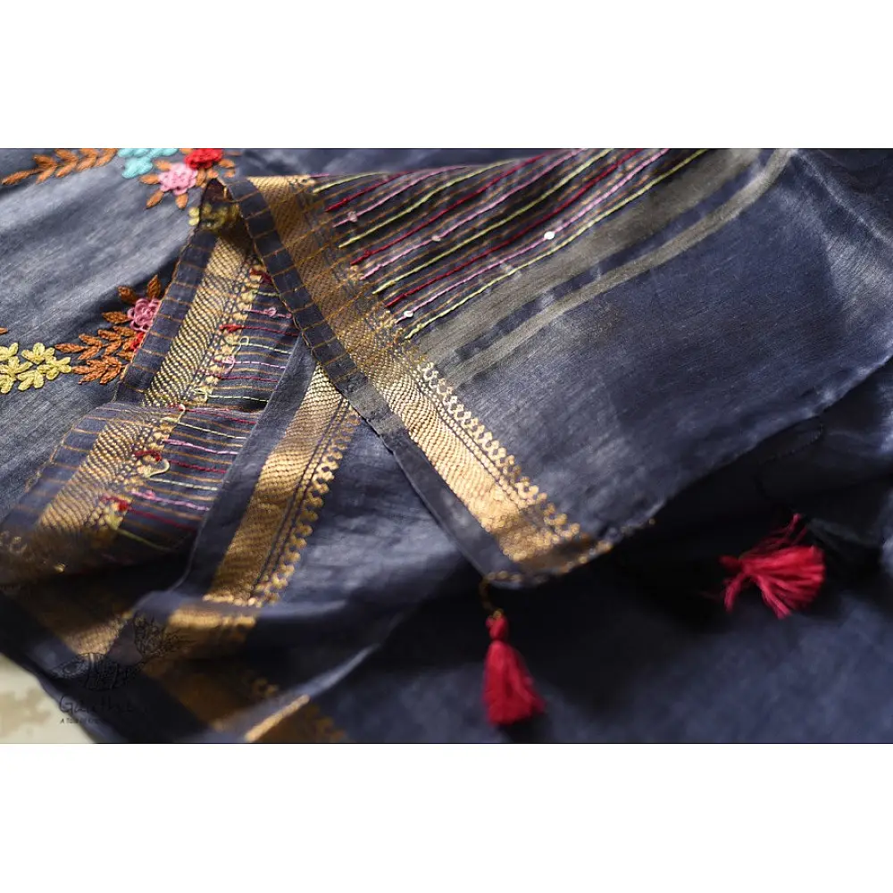 shop Handloom Silk Linen Blue Saree Embroidered