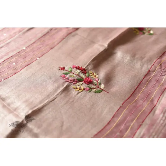 shop Handloom Tissue Linen Light Magenta Saree With Hand Embroidered