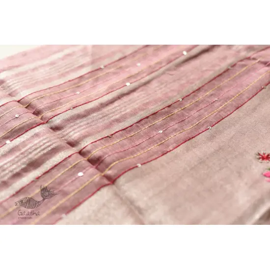 shop Handloom Tissue Linen Light Magenta Saree With Hand Embroidered