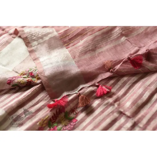 shop Handloom Tissue Linen Light Magenta Saree With Hand Embroidered