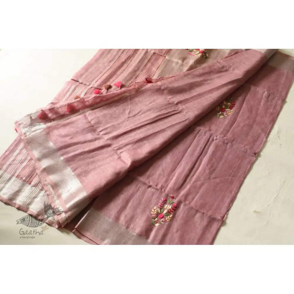 shop Handloom Tissue Linen Light Magenta Saree With Hand Embroidered