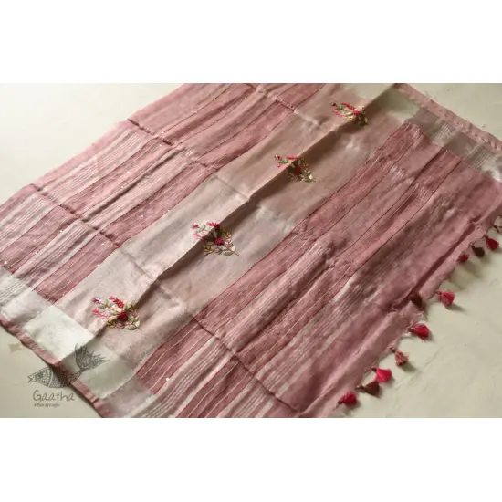 shop Handloom Tissue Linen Light Magenta Saree With Hand Embroidered