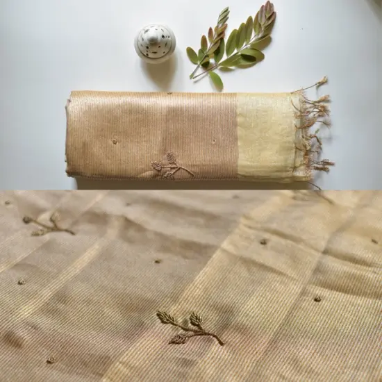 Handloom hand embroidered Linen Saree - pistachio green color