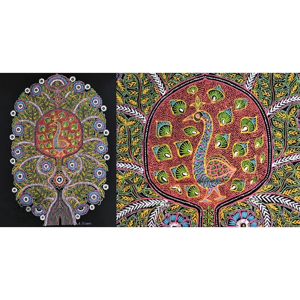 shop rogan art painting from gujarat - Peacock in Black Background
