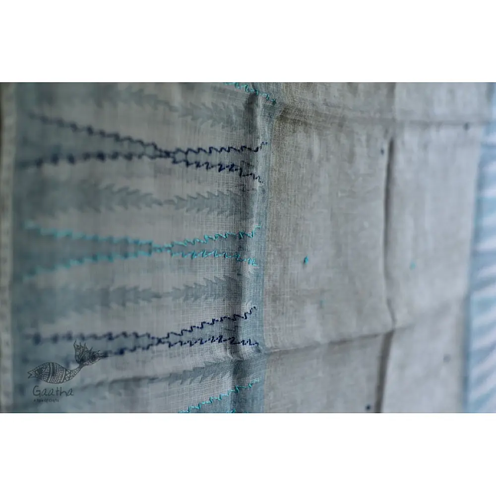 shop blue block printed kota cotton embroidered dupatta 