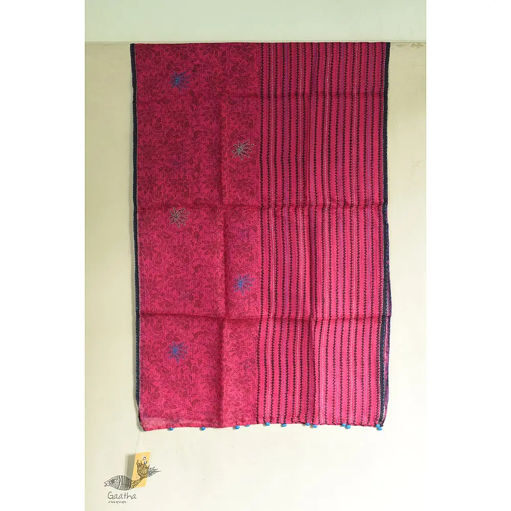 shop Kota Doria Silk Embroidered Stole with Block Print