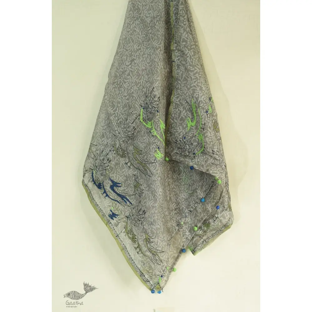 shop Kota Doria Silk Embroidered Stole with Block Print -grey