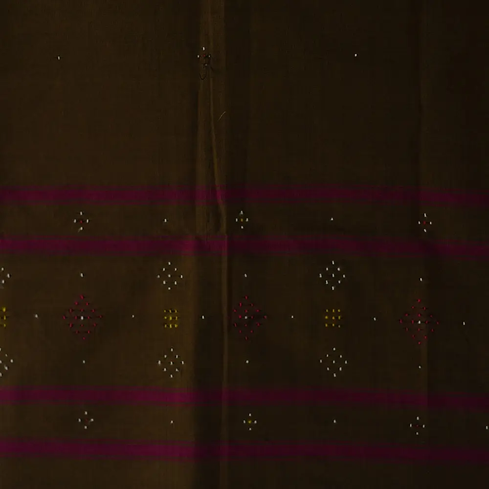 tangaliya handloom cotton stole in earthy olive brown with magenta pink stripes, white and yellow raised dana bead motifs, and hand-knotted fringe tassels   