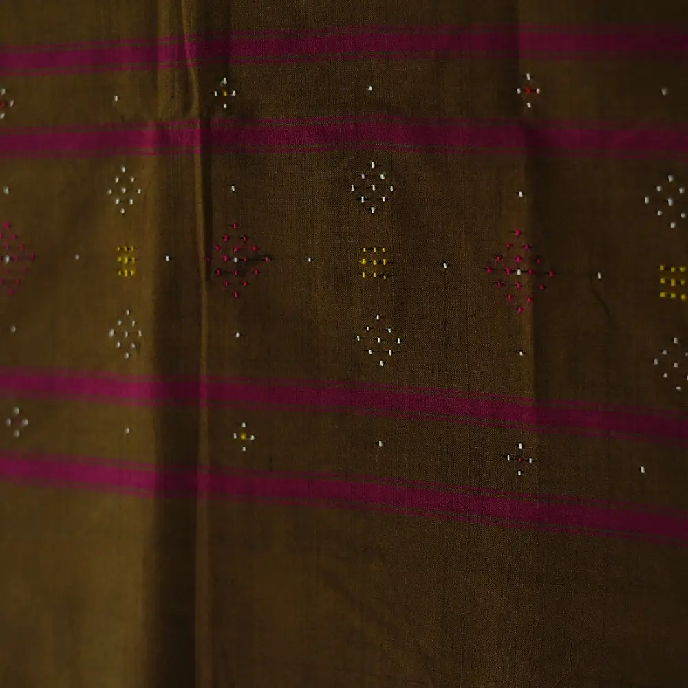 tangaliya handloom cotton stole in earthy olive brown with magenta pink stripes, white and yellow raised dana bead motifs, and hand-knotted fringe tassels   