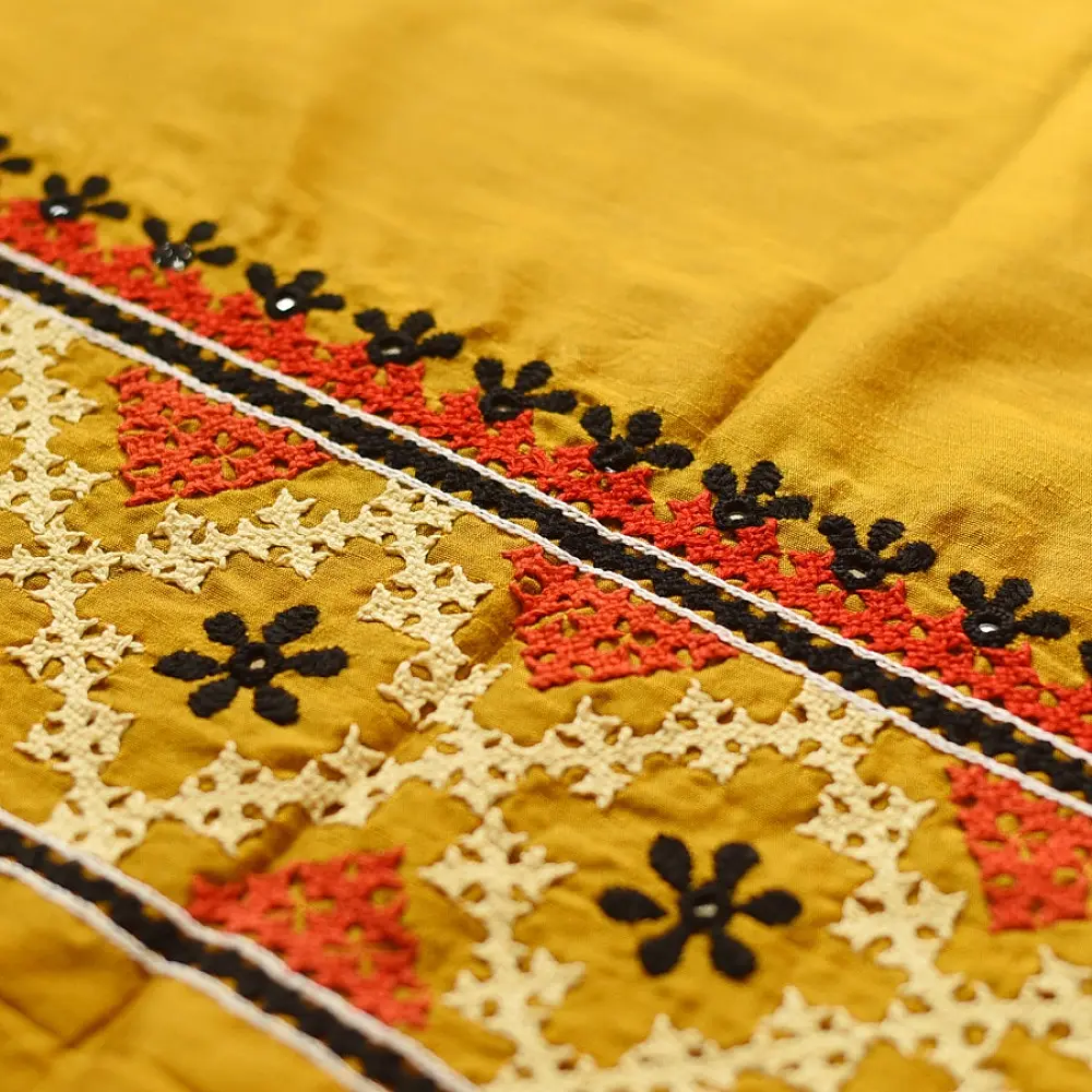 Embroidered Cotton Silk Blouse Piece ( Unstitched ) - Yellow