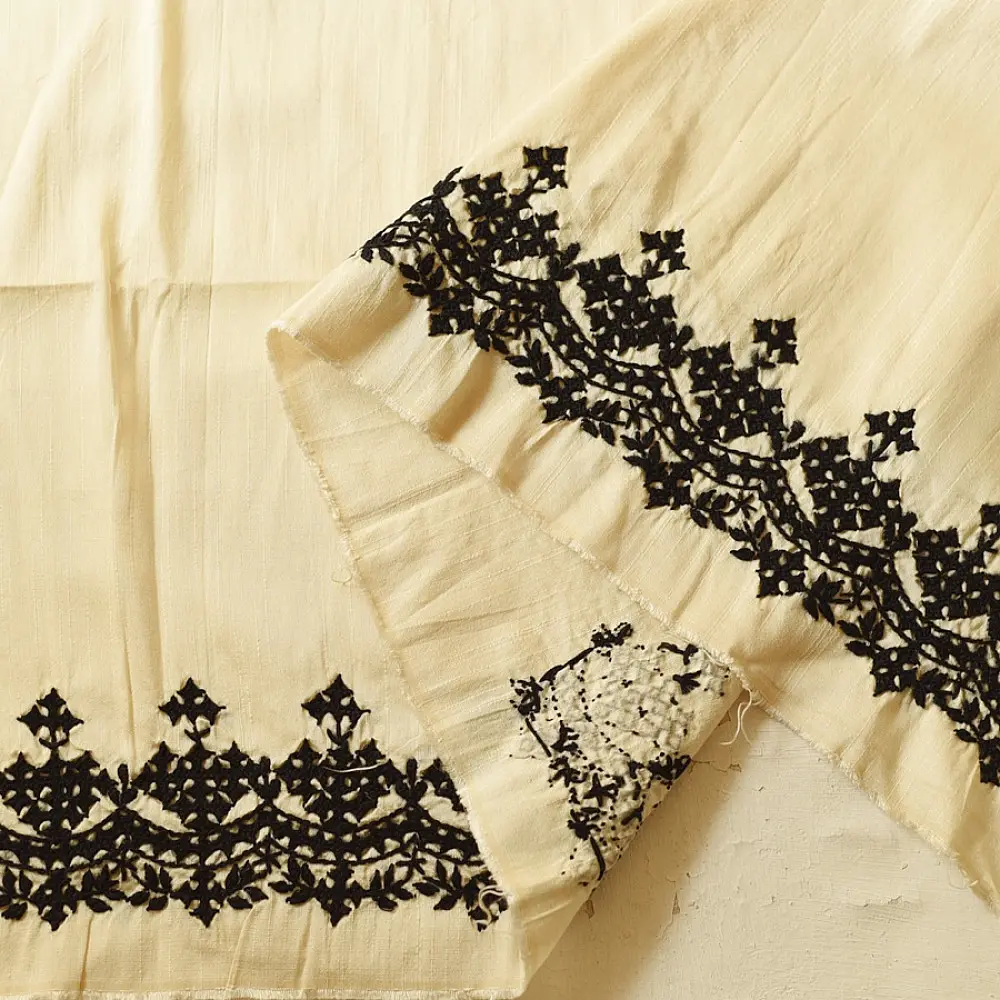 Embroidered Blouse Piece ( Unstitched )  - Kutchi Embroidery - Cream Color