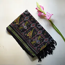 Rasika . रसिका ~ Handloom Patola Cotton Dupatta ~ Black ( Elephant & Parrot Motif )