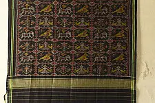 Rasika . रसिका ~ Handloom Patola Cotton Dupatta ~ Black ( Elephant & Parrot Motif )