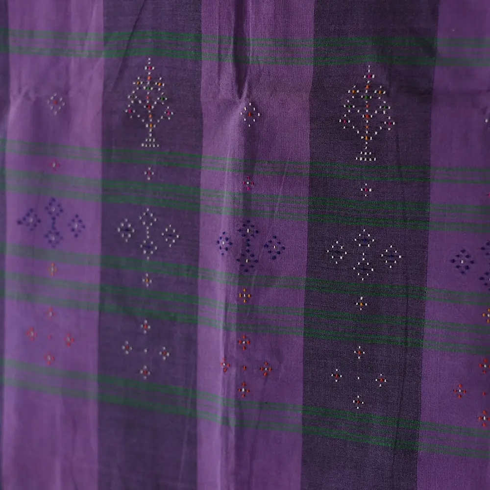 tangaliya handloom cotton stole with purple and dark charcoal vertical stripes, green and white raised dana dotwork motifs, and hand-knotted fringe tassels