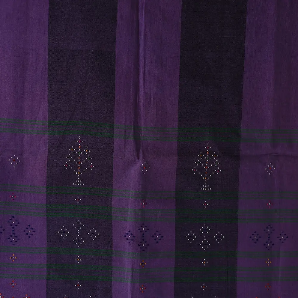 tangaliya handloom cotton stole with purple and dark charcoal vertical stripes, green and white raised dana dotwork motifs, and hand-knotted fringe tassels