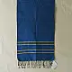 tangaliya handloom cotton stole in indigo royal blue with mustard yellow stripes, hand-woven white dana dot motifs, and knotted fringe tassels