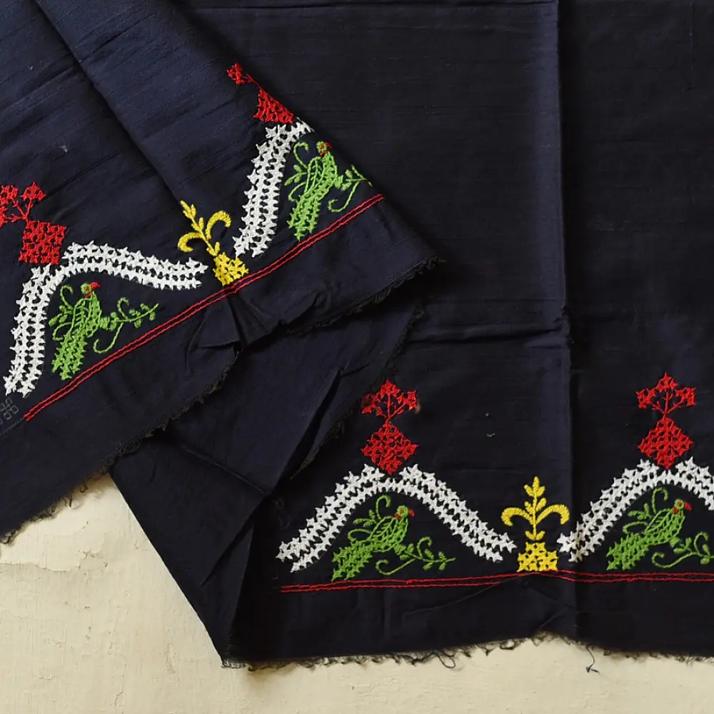 Embroidered Blouse Piece ( Unstitched ) - Navy Blue