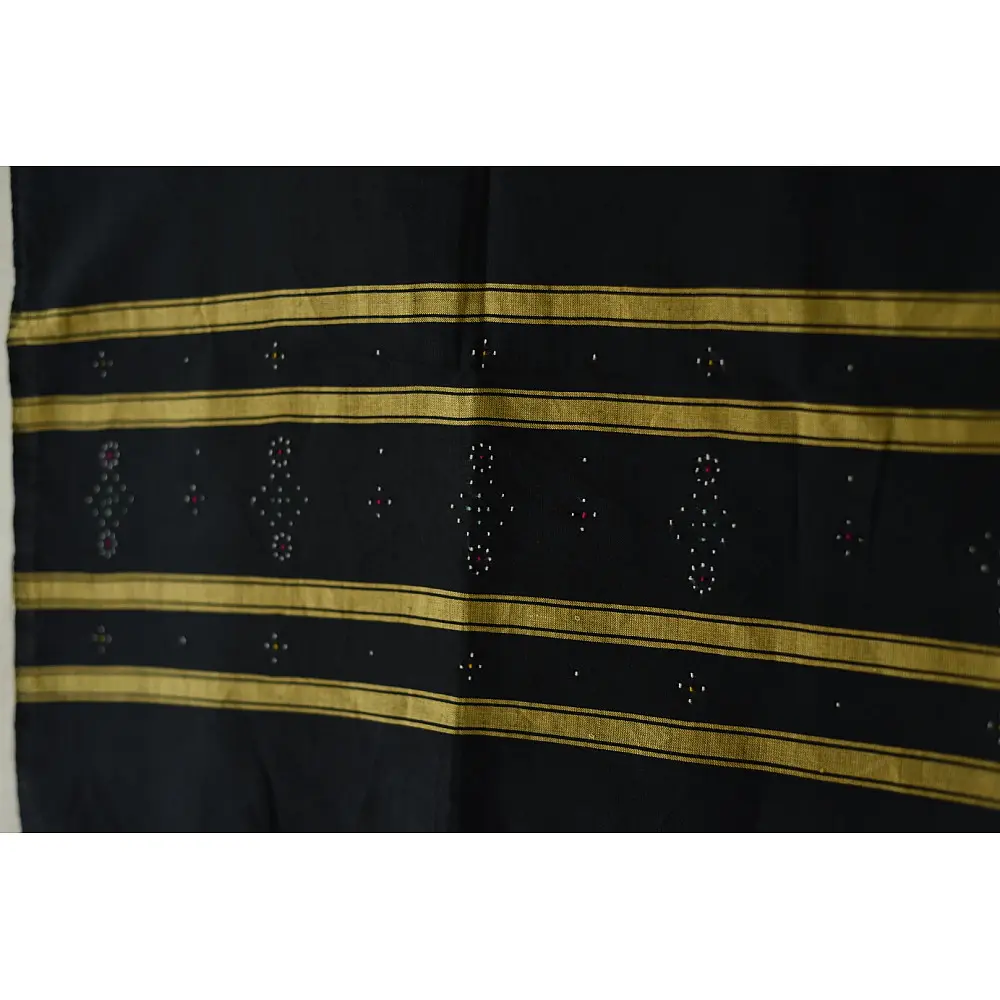 tangaliya handloom cotton stole in jet black, raised white and terracotta dana dots, and hand-knotted fringe tassels