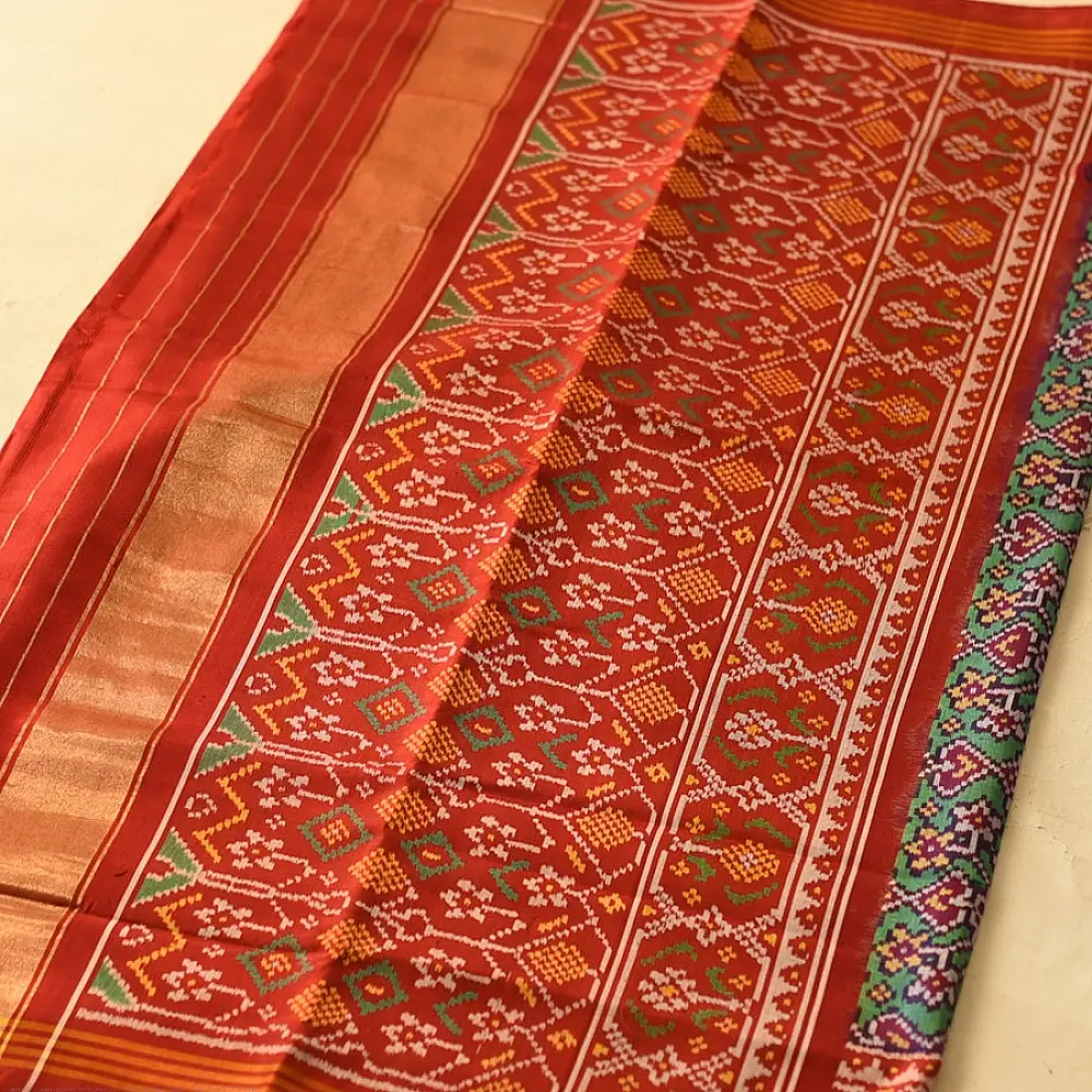 shop Handwoven Patola Silk Saree - Red & Green Double Ikat Patola