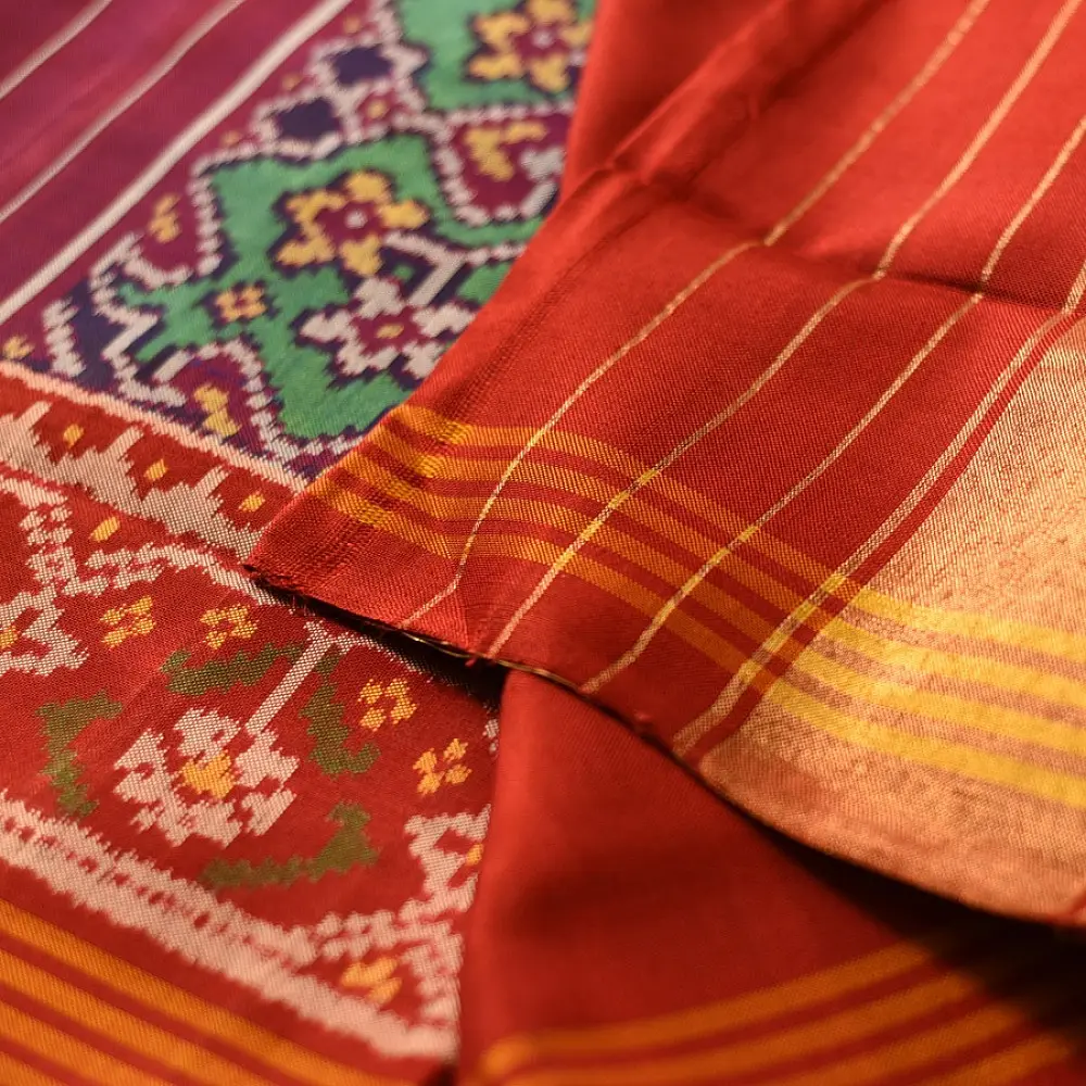 shop Handwoven Patola Silk Saree - Red & Green Double Ikat Patola