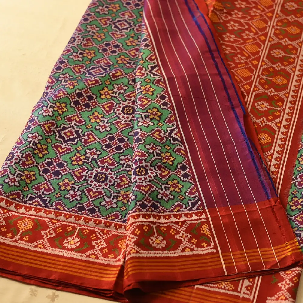 shop Handwoven Patola Silk Saree - Red & Green Double Ikat Patola