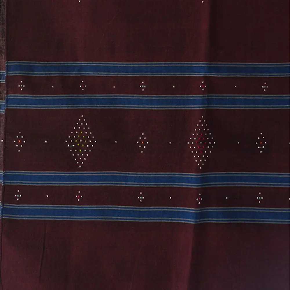 tangaliya handloom cotton stole in deep wine maroon with teal blue stripes, white raised dana bead motifs, and hand-knotted fringe tassels