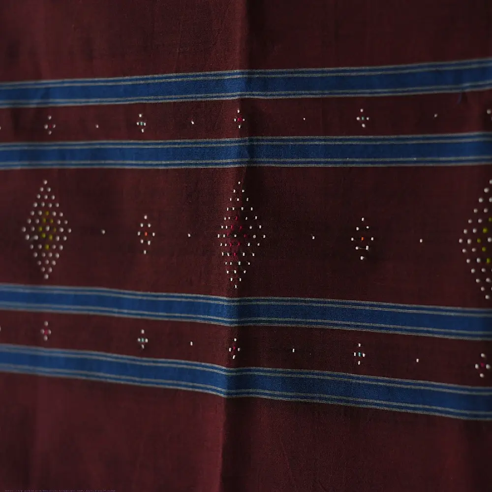 tangaliya handloom cotton stole in deep wine maroon with teal blue stripes, white raised dana bead motifs, and hand-knotted fringe tassels