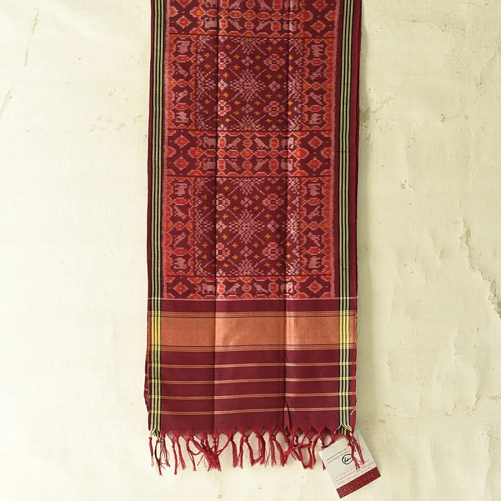 shop handloom silk cotton patola ikat stole - Maroon 