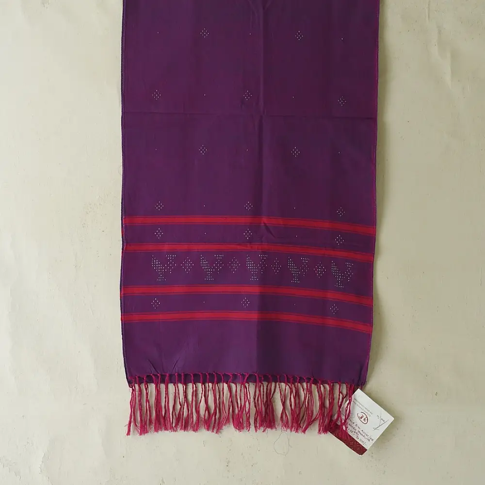 tangaliya handloom cotton stole in rich regal violet purple with crimson red stripes, raised white dana bead motifs, and hand-knotted fringe tassels