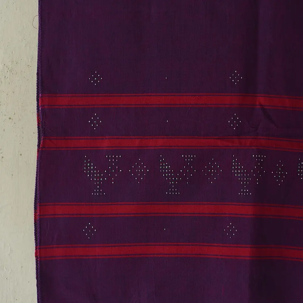 tangaliya handloom cotton stole in rich regal violet purple with crimson red stripes, raised white dana bead motifs, and hand-knotted fringe tassels