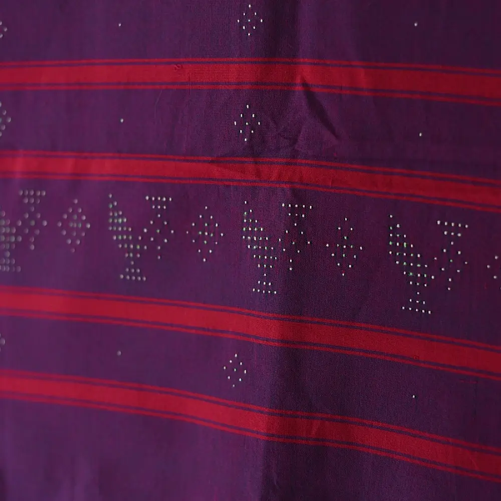 tangaliya handloom cotton stole in rich regal violet purple with crimson red stripes, raised white dana bead motifs, and hand-knotted fringe tassels
