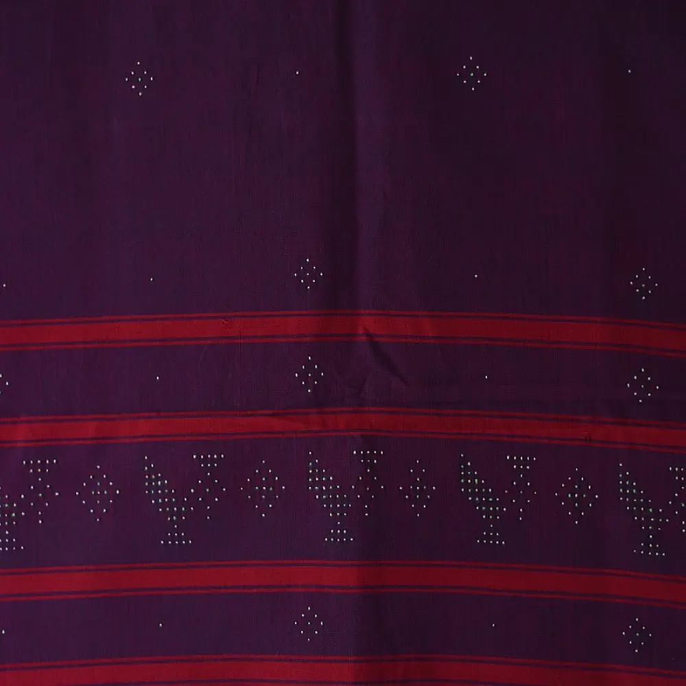 tangaliya handloom cotton stole in rich regal violet purple with crimson red stripes, raised white dana bead motifs, and hand-knotted fringe tassels