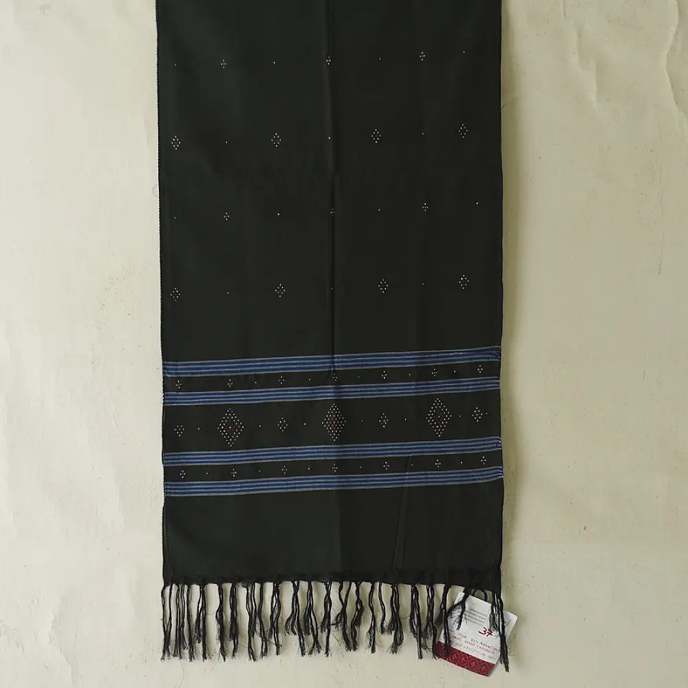 tangaliya handloom cotton stole in dark green with sky blue stripes, raised white dana dot motifs, and hand-knotted fringe tassels