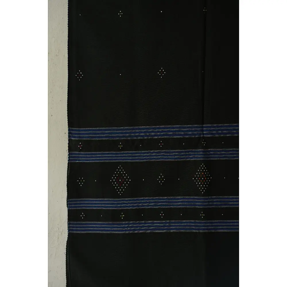 tangaliya handloom cotton stole in dark green with sky blue stripes, raised white dana dot motifs, and hand-knotted fringe tassels