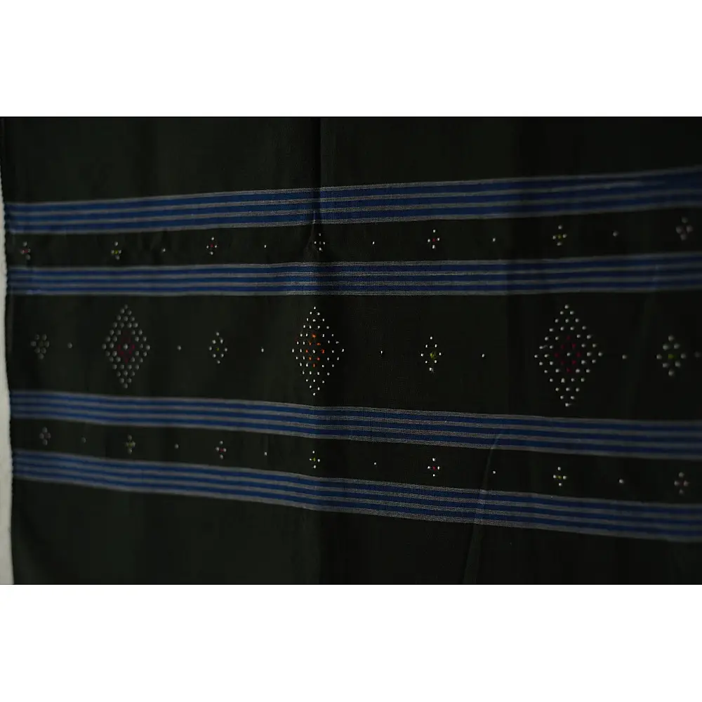 tangaliya handloom cotton stole in dark green with sky blue stripes, raised white dana dot motifs, and hand-knotted fringe tassels