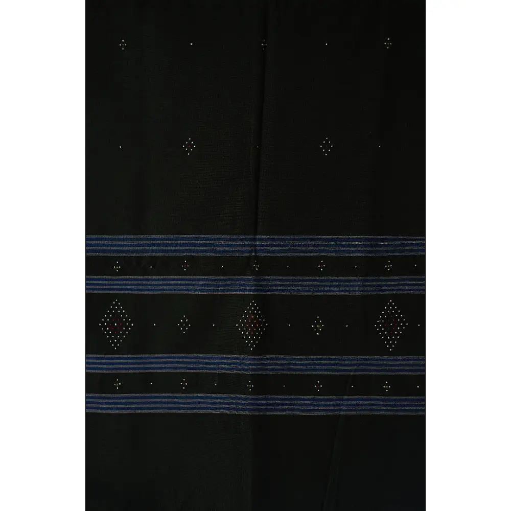 tangaliya handloom cotton stole in dark green with sky blue stripes, raised white dana dot motifs, and hand-knotted fringe tassels