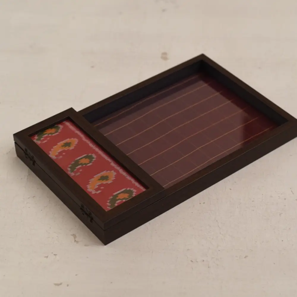 handmade wooden coffee tray with patola print and hinged spoon holder