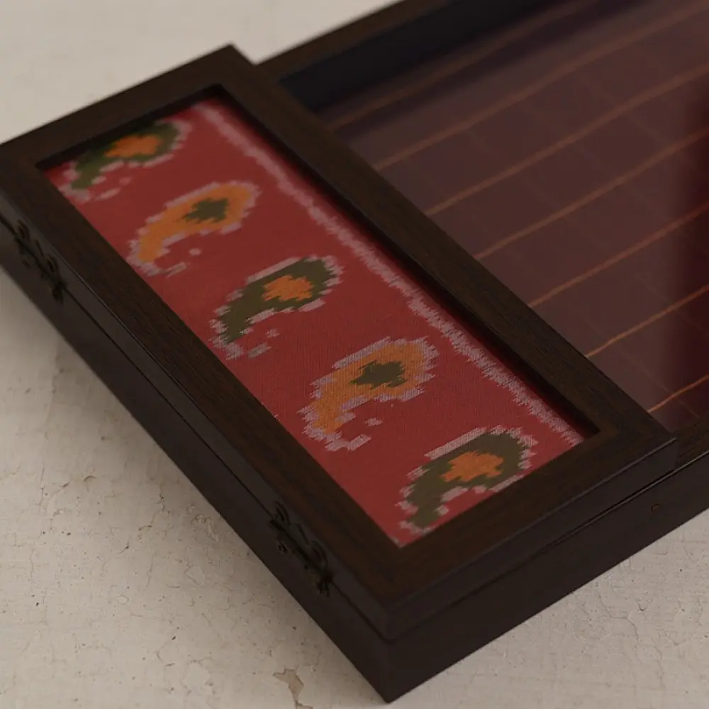 handmade wooden coffee tray with patola print and hinged spoon holder