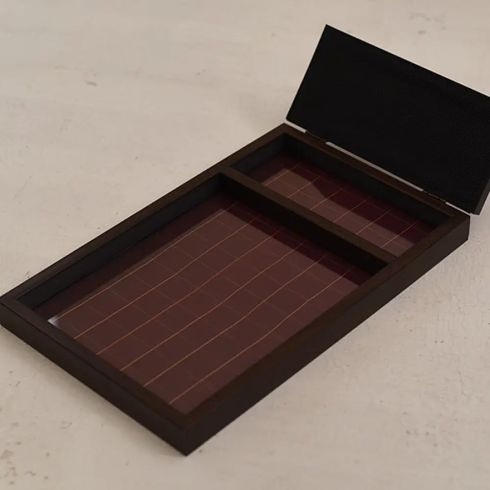 handmade wooden coffee tray with patola print and hinged spoon holder