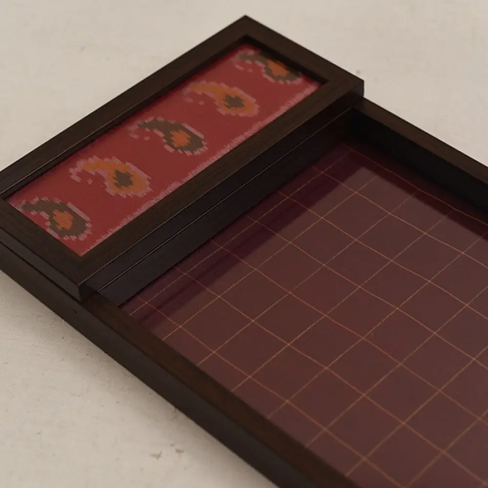 handmade wooden coffee tray with patola print and hinged spoon holder